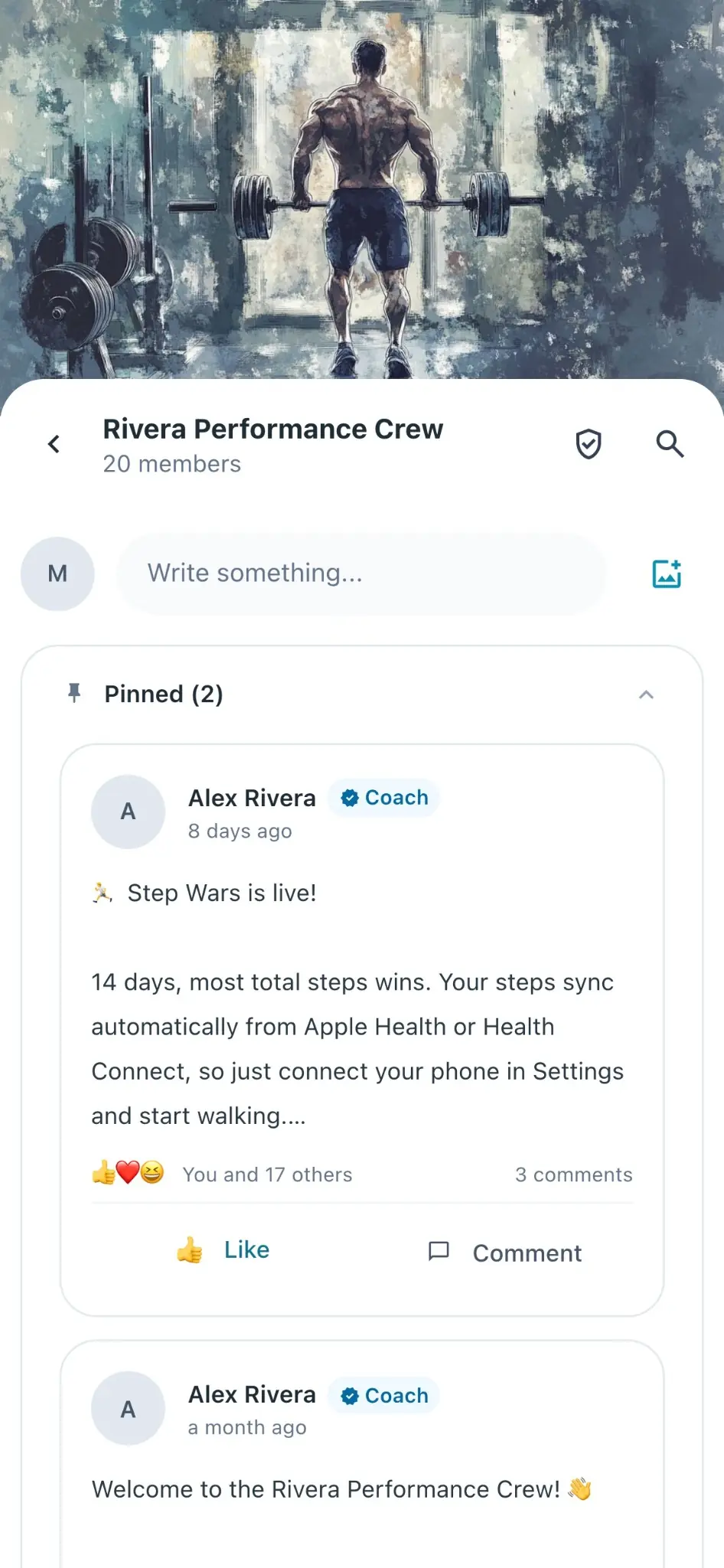 A coach-run community in the Fitora client app, with pinned posts and reactions
