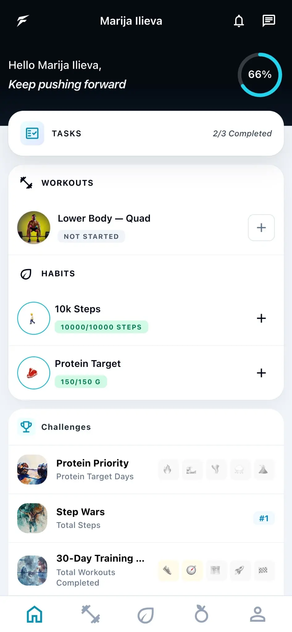 The home screen of the Fitora client app, with today’s workout, habits, and challenges