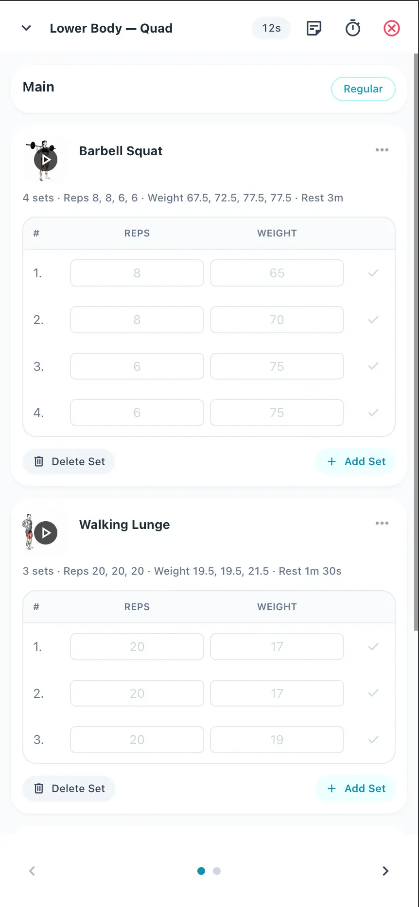 Logging sets during a workout in the Fitora client app