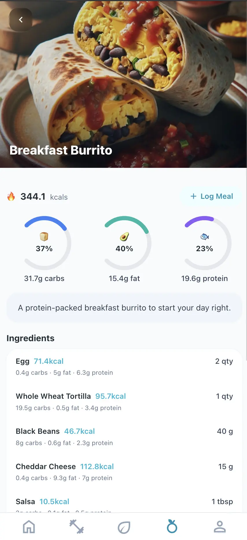 A planned meal in the Fitora client app, with macros and ingredients