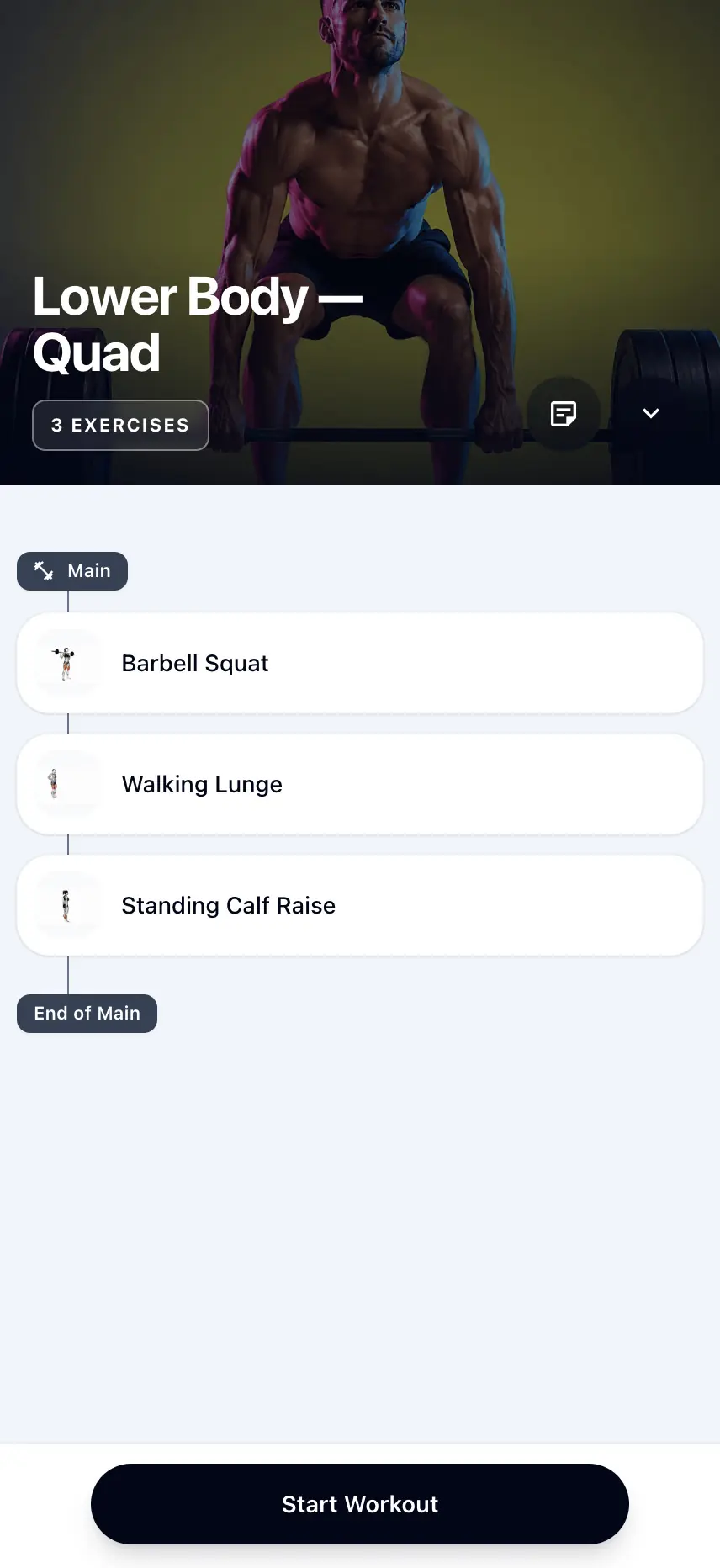 A workout in the Fitora client app, listed exercise by exercise