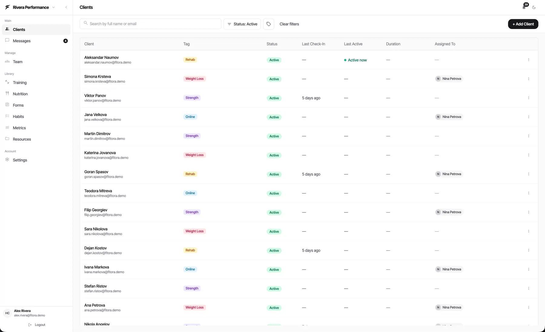 The Fitora client list, showing each client’s tag, status, and assigned coach
