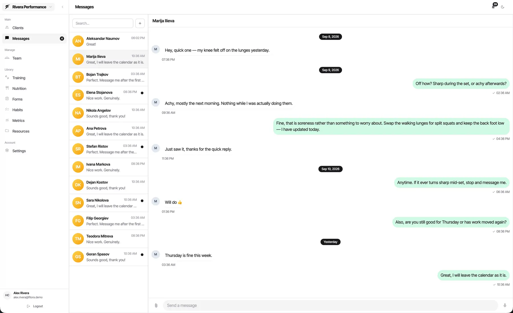 The Fitora messages screen with a conversation list and an open coach and client thread