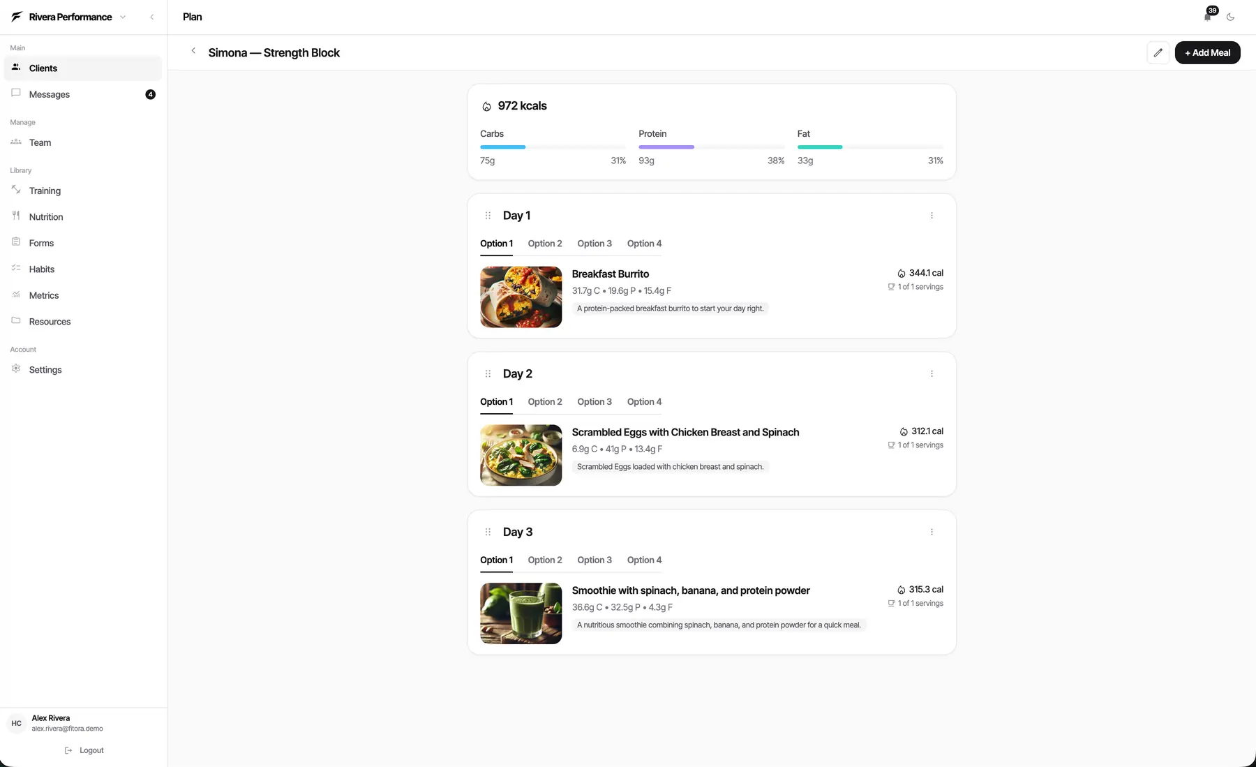 A Fitora nutrition plan showing daily calories, macro split, and a meal per day