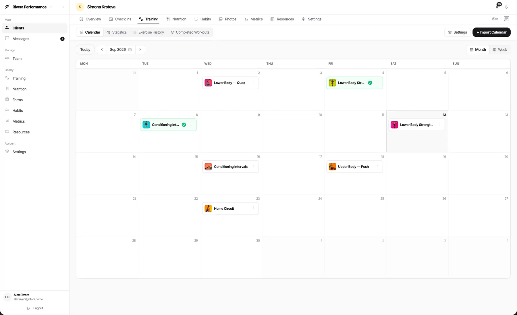 A Fitora training month with workouts placed on specific days